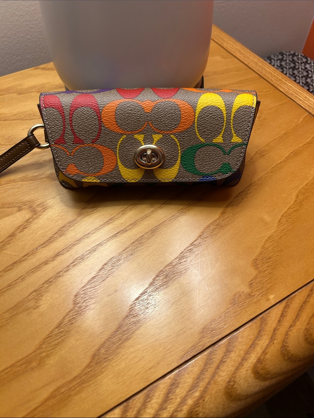 Coach Multicolor Signature Turnlock sunglass case— Brown with Rainbow Logo